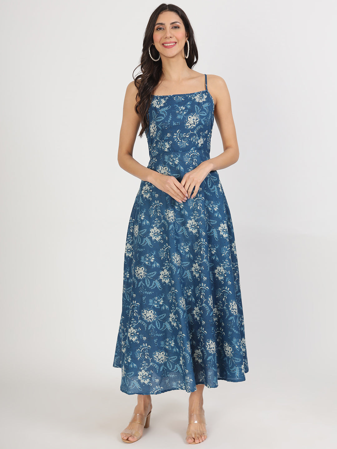 Indigo Blue Cotton Long Dress For Women | LASVINI - Redefining Indian Fashion with Elegance