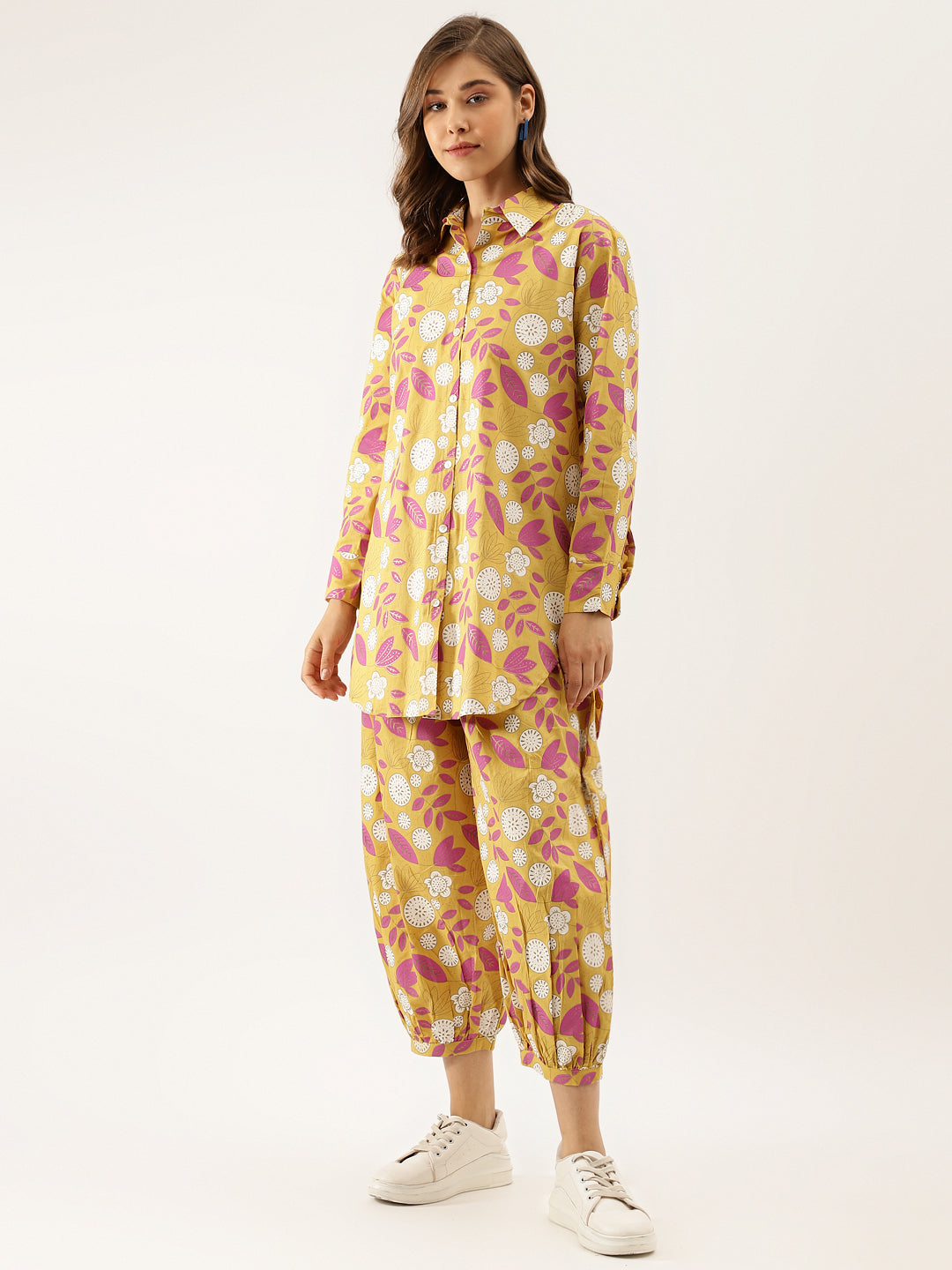 Women Mustard Floral Print Cotton Co-Ord Set | LASVINI - Redefining Indian Fashion with Elegance