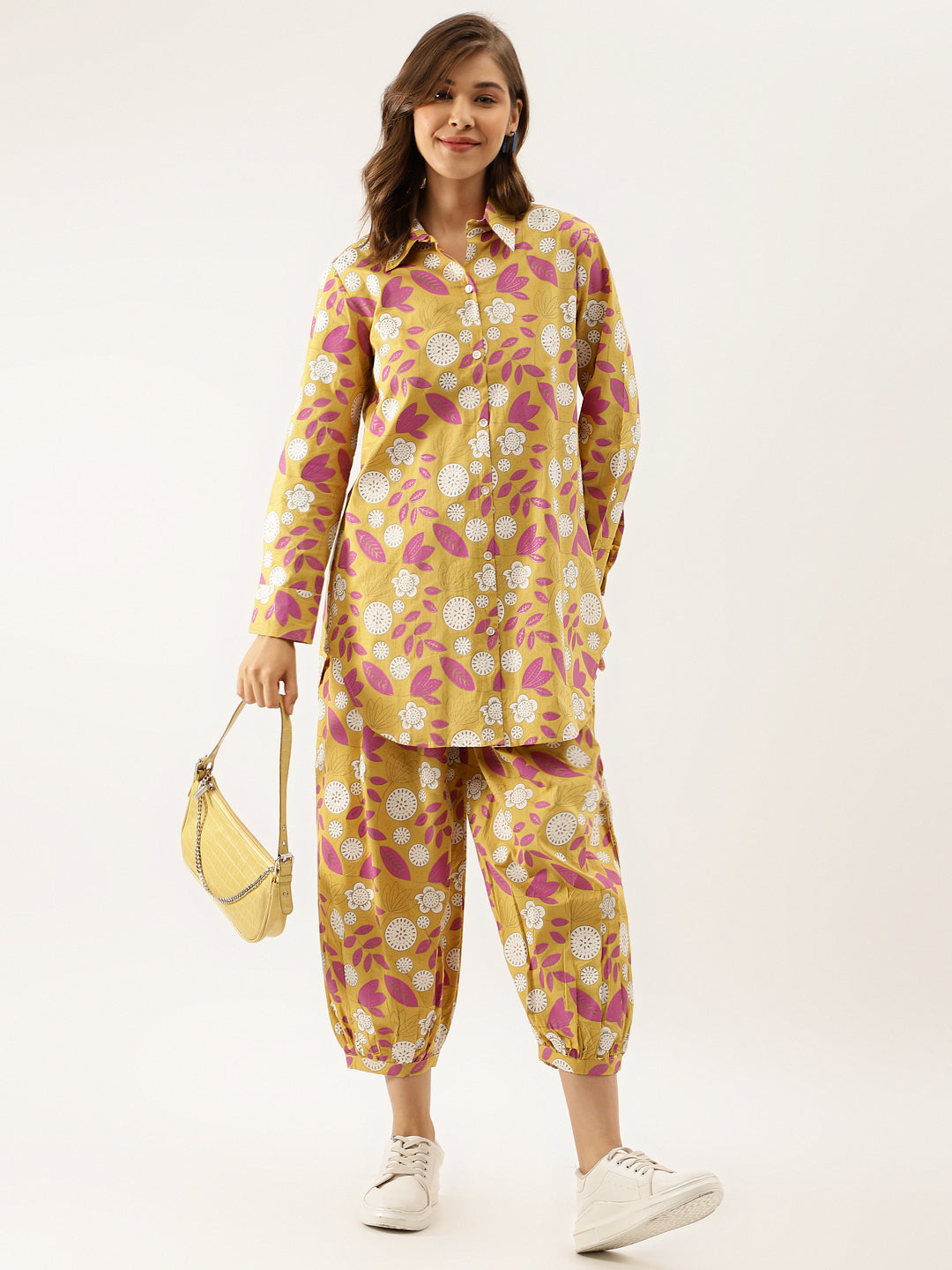 Women Mustard Floral Print Cotton Co-Ord Set | LASVINI - Redefining Indian Fashion with Elegance