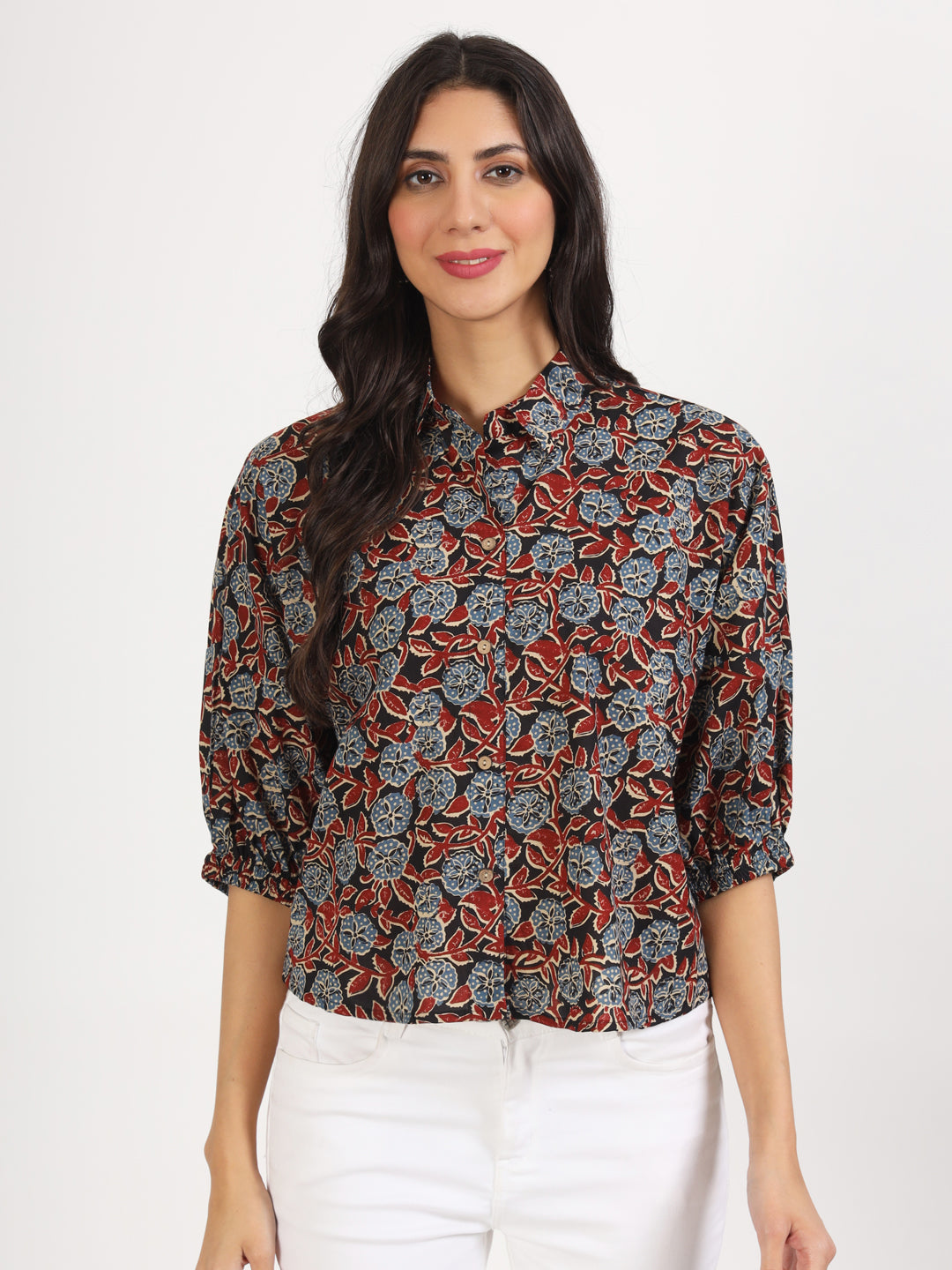 Women Black Floral Printed Cotton Tops | LASVINI - Redefining Indian Fashion with Elegance
