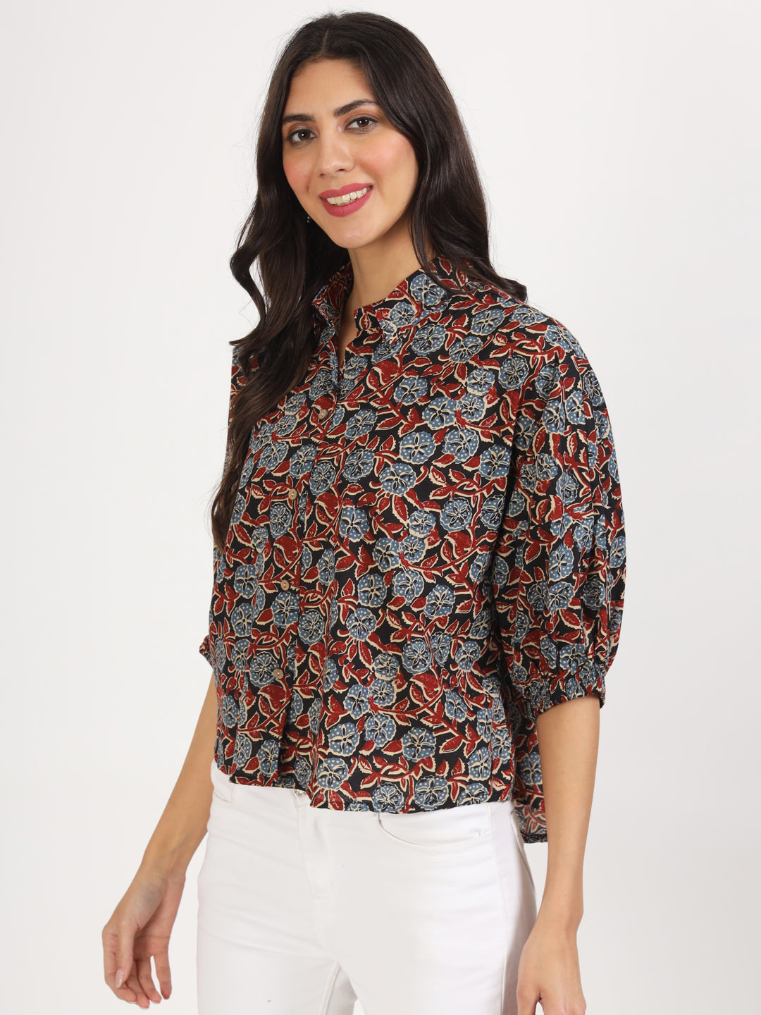 Women Black Floral Printed Cotton Tops | LASVINI - Redefining Indian Fashion with Elegance