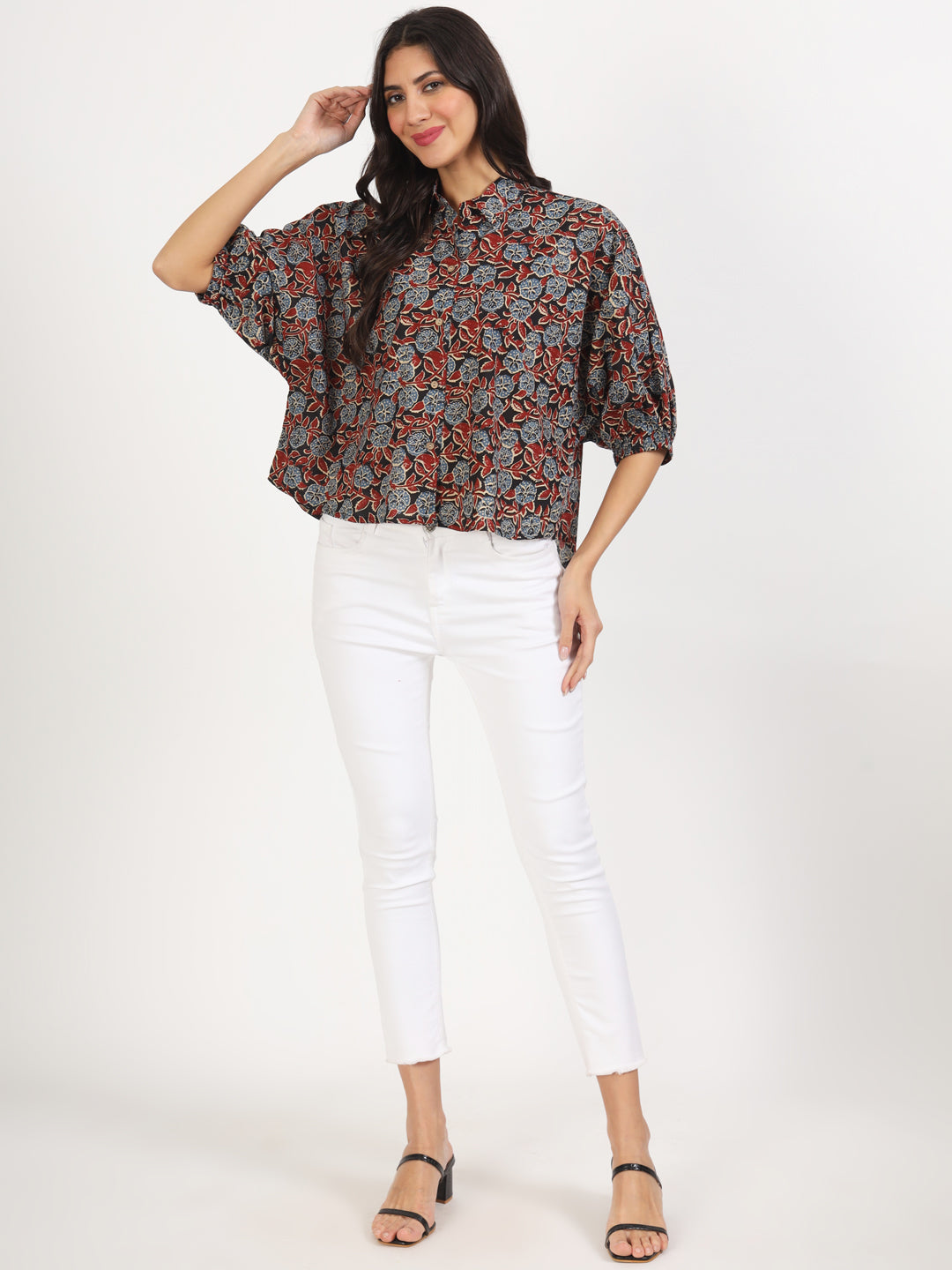 Women Black Floral Printed Cotton Tops | LASVINI - Redefining Indian Fashion with Elegance