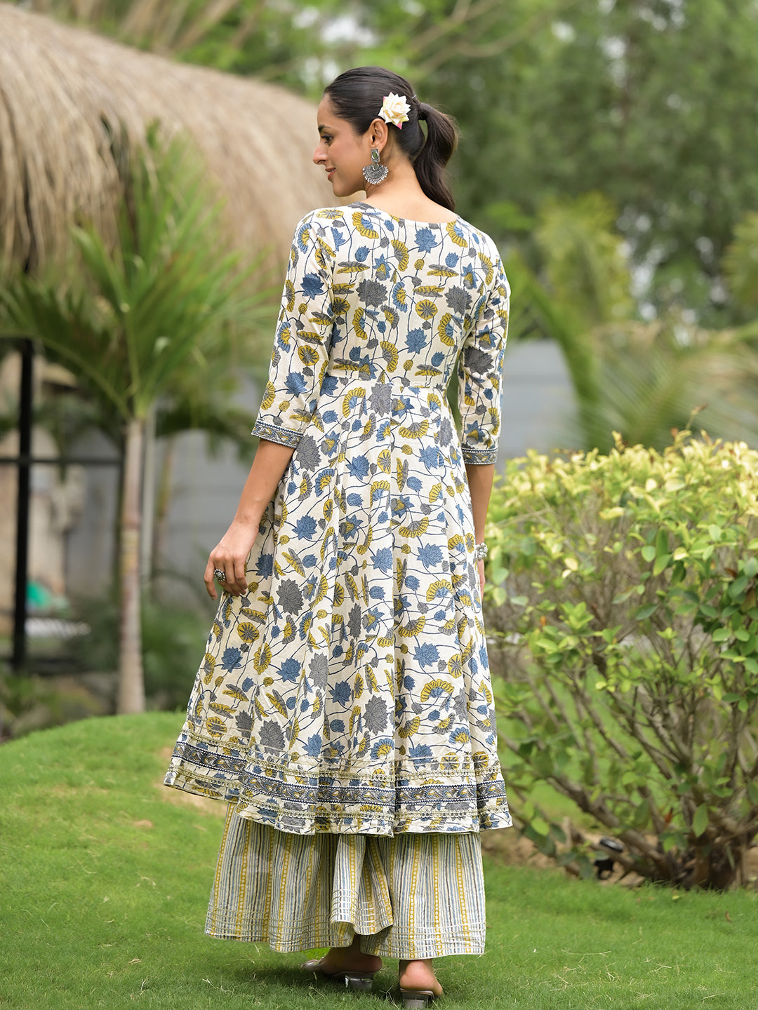 Off-White Floral Print Cotton Kurta Sharara Set For Women | LASVINI - Redefining Indian Fashion with Elegance