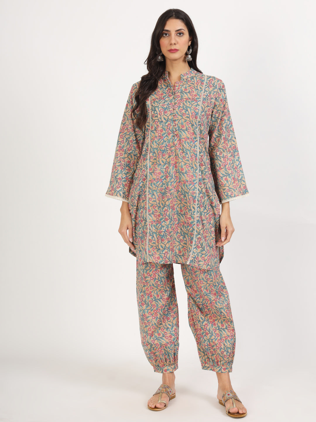 Women Beige Floral Printed Cotton Co-Ord Set | LASVINI - Redefining Indian Fashion with Elegance