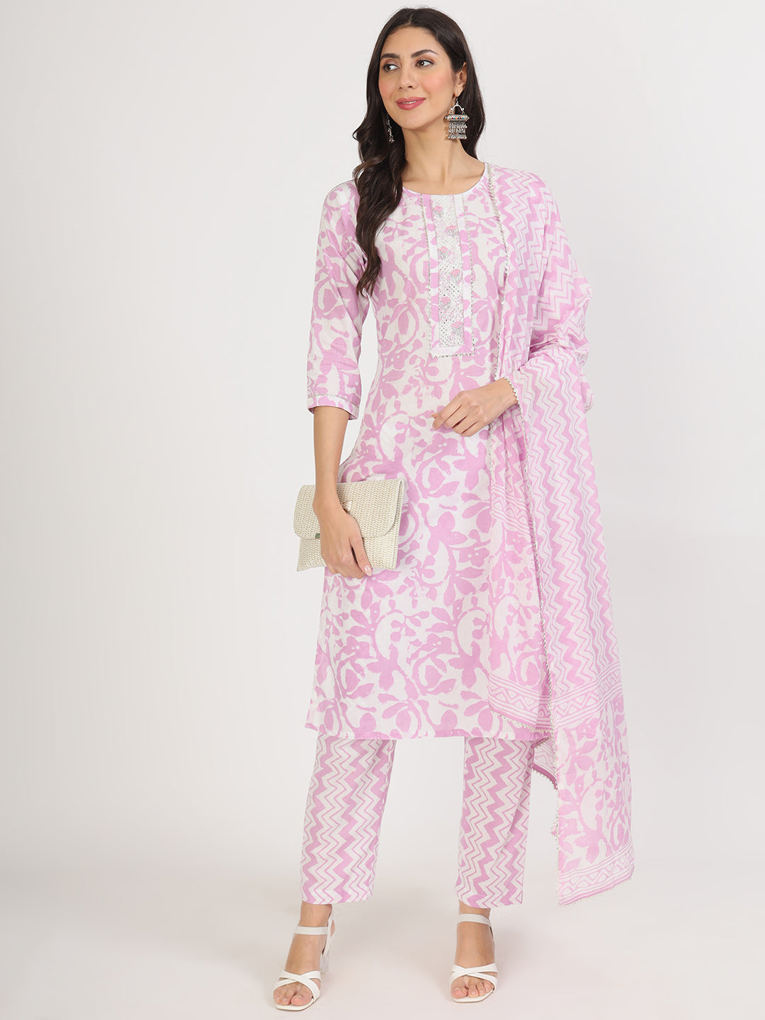 Purple Floral Print Cotton Kurta Pant With Dupatta Set For Women | LASVINI - Redefining Indian Fashion with Elegance