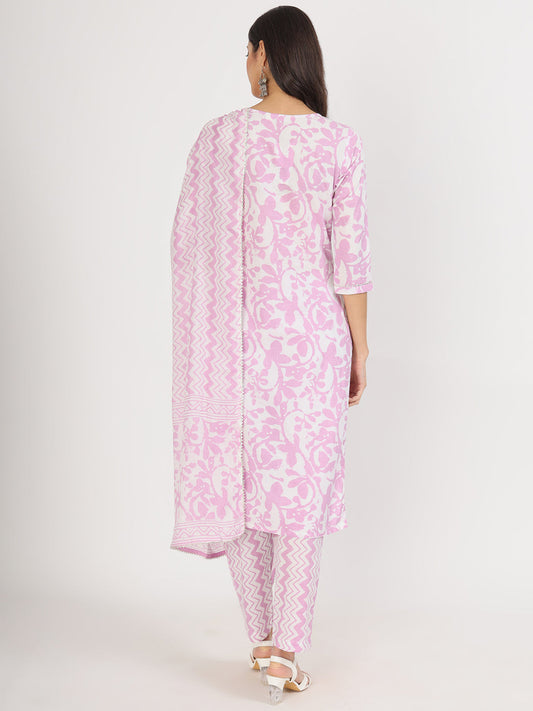 Purple Floral Print Cotton Kurta Pant With Dupatta Set For Women | LASVINI - Redefining Indian Fashion with Elegance