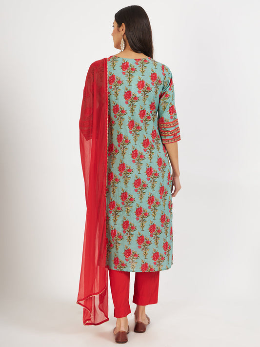 Green Floral Print Cotton Kurta Pant With Dupatta Set For Women | LASVINI - Redefining Indian Fashion with Elegance