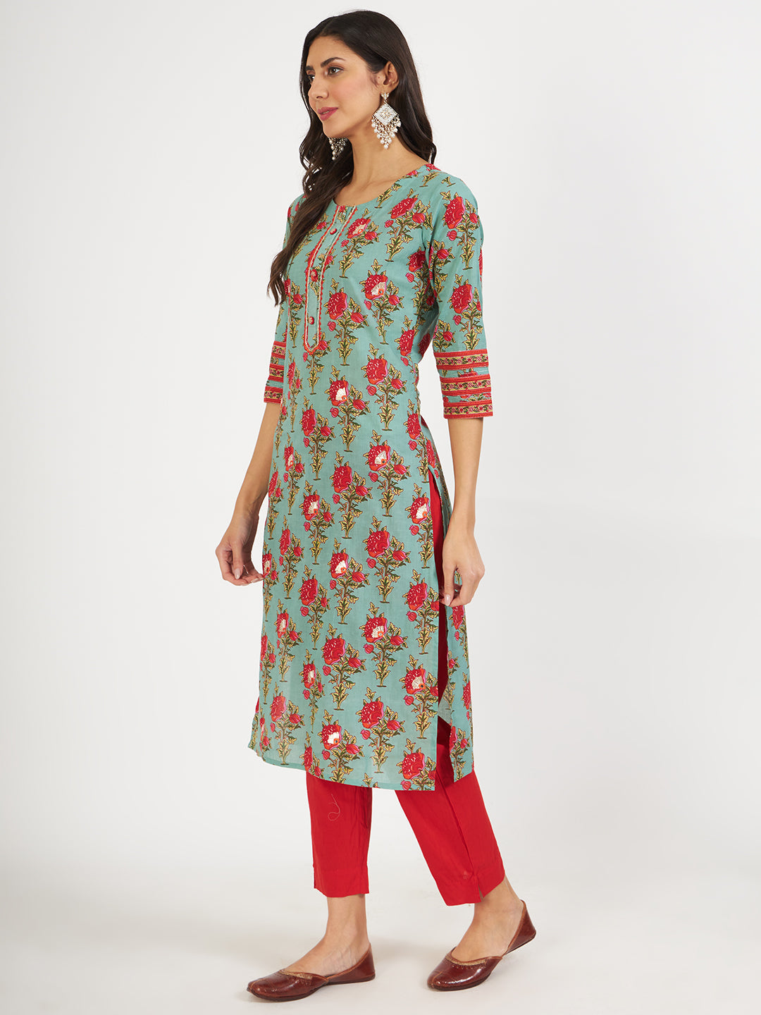 Green Floral Print Cotton Kurta Pant With Dupatta Set For Women | LASVINI - Redefining Indian Fashion with Elegance