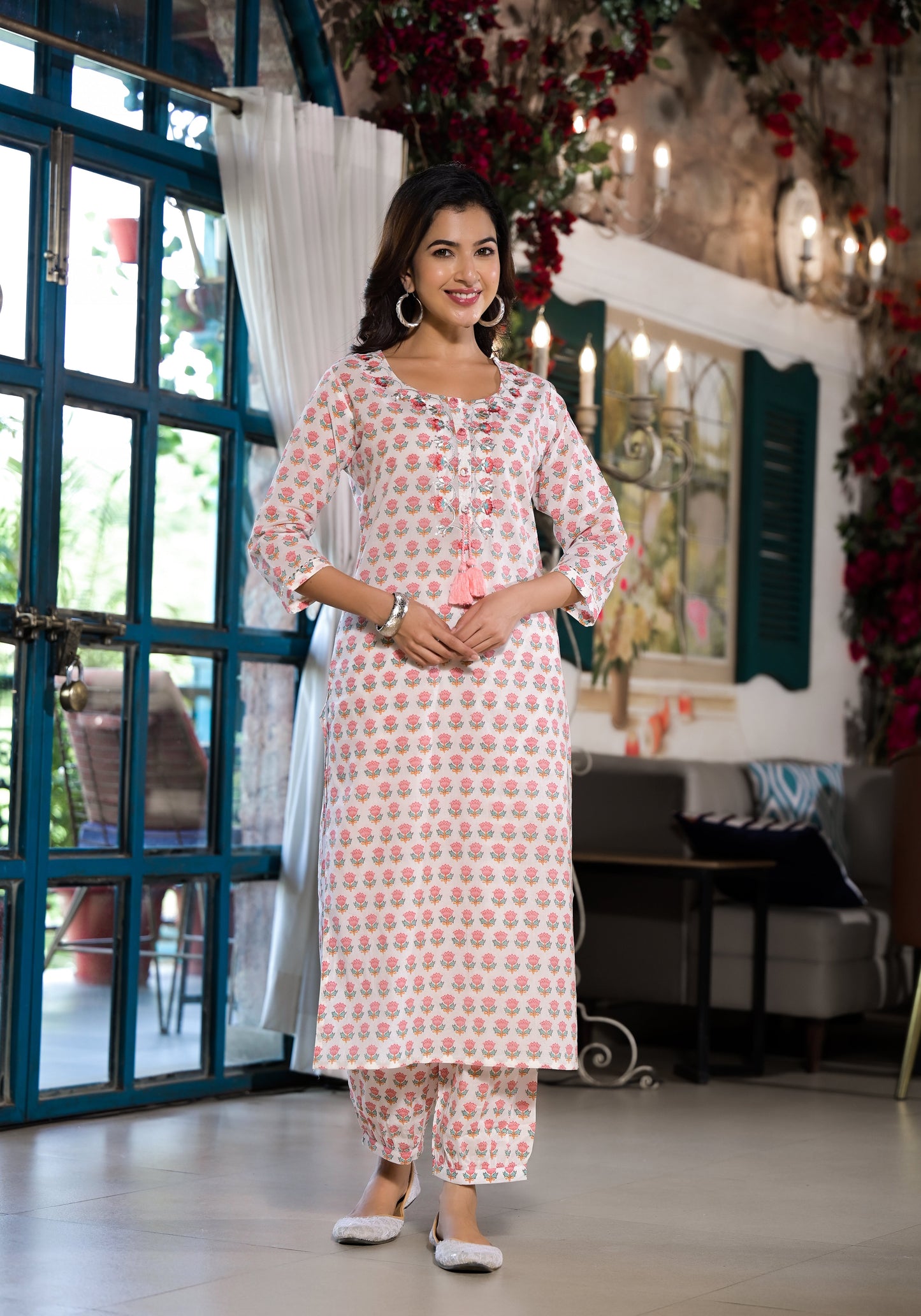 White & Pink Floral Printed Cotton Kurta With Trouser | LASVINI - Redefining Indian Fashion with Elegance
