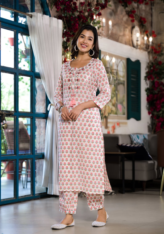 White & Pink Floral Printed Cotton Kurta With Trouser | LASVINI - Redefining Indian Fashion with Elegance