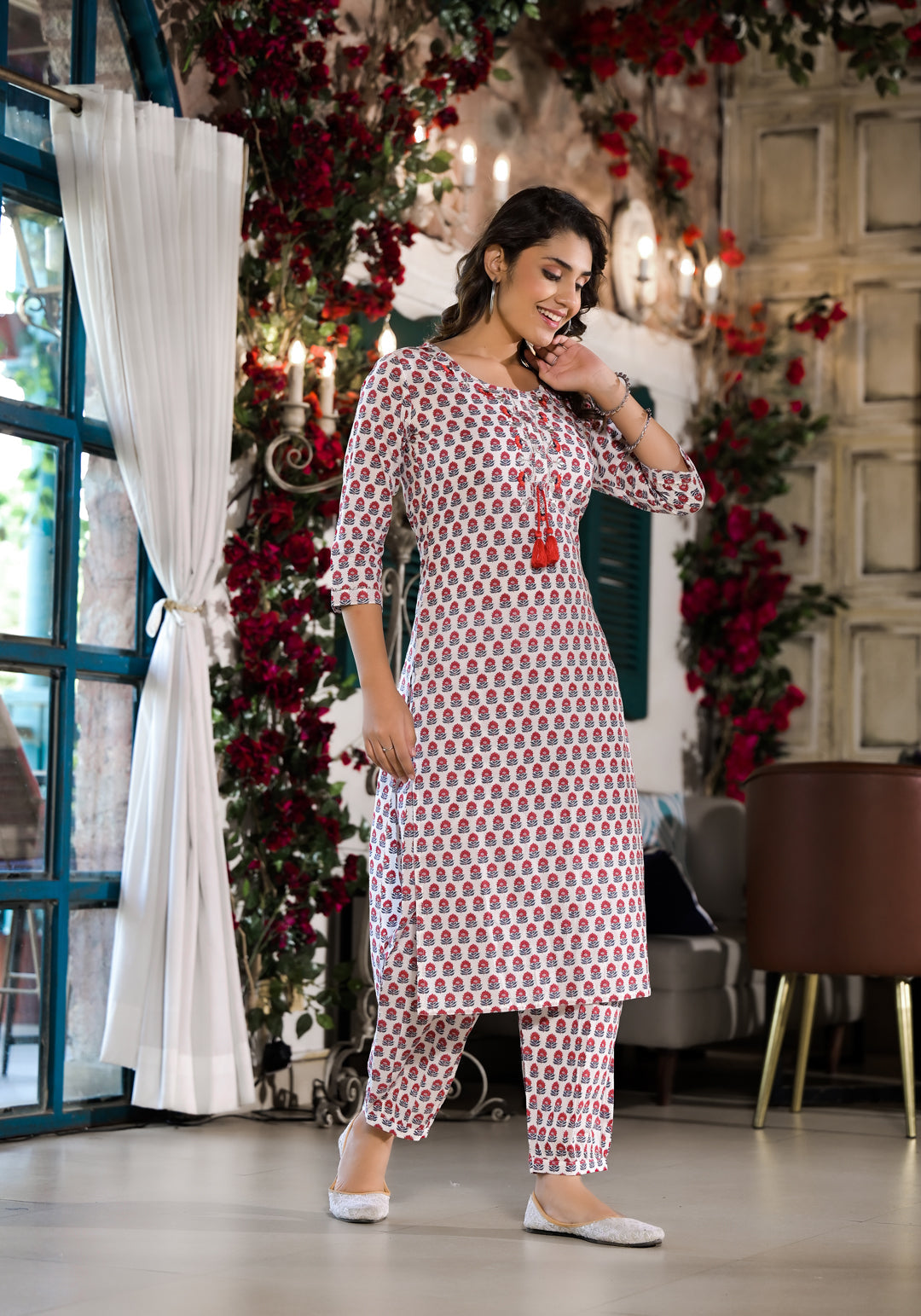 White & Red Floral Printed Cotton Kurta With Trouser | LASVINI - Redefining Indian Fashion with Elegance