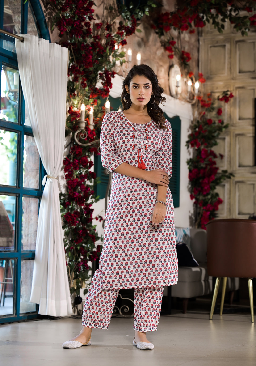 White & Red Floral Printed Cotton Kurta With Trouser | LASVINI - Redefining Indian Fashion with Elegance