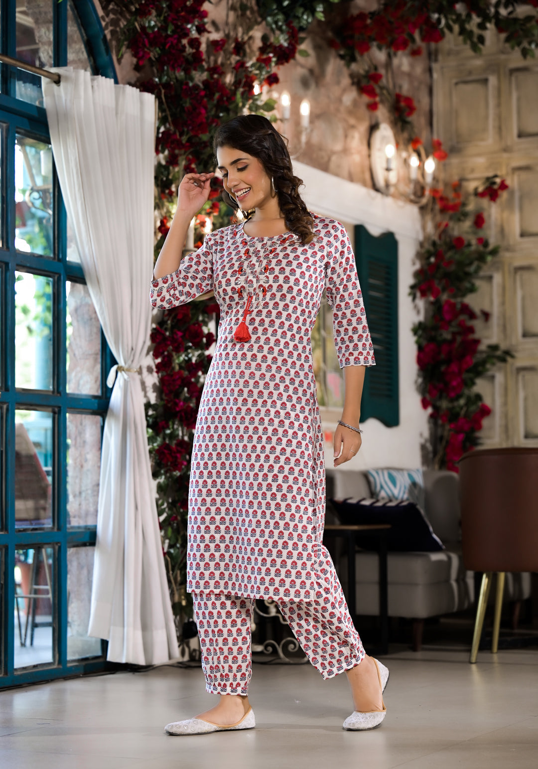 White & Red Floral Printed Cotton Kurta With Trouser | LASVINI - Redefining Indian Fashion with Elegance