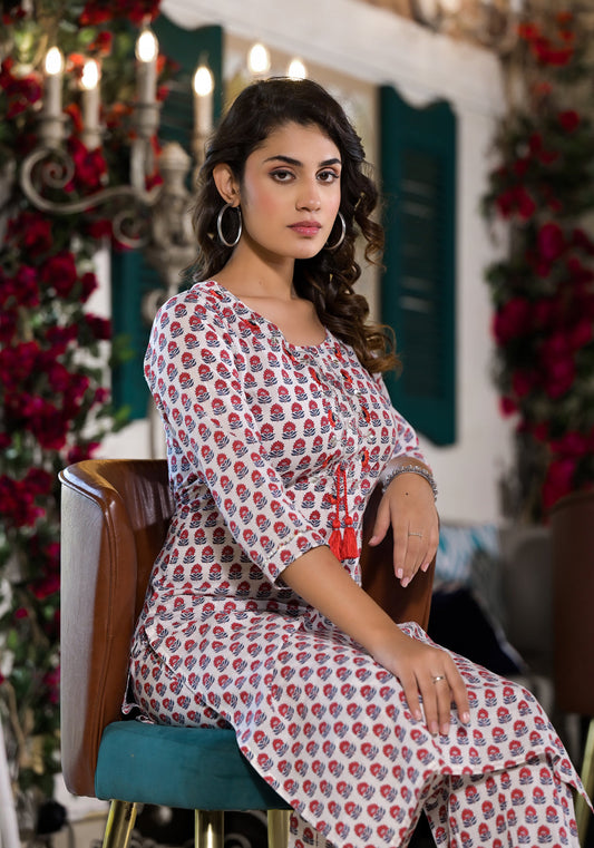 White & Red Floral Printed Cotton Kurta With Trouser | LASVINI - Redefining Indian Fashion with Elegance