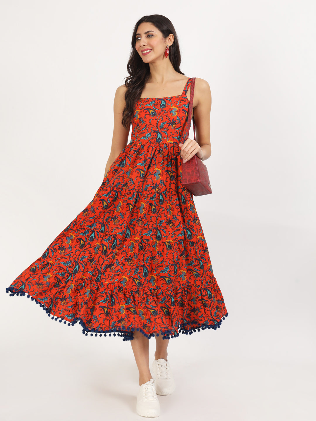 Women Red Floral Printed Cotton Dress | LASVINI - Redefining Indian Fashion with Elegance