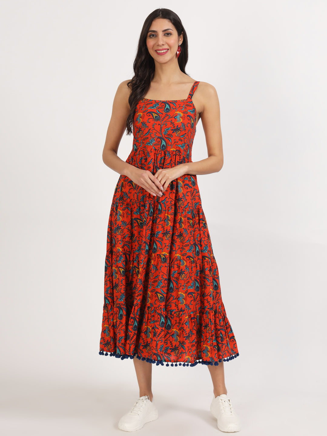 Women Red Floral Printed Cotton Dress | LASVINI - Redefining Indian Fashion with Elegance
