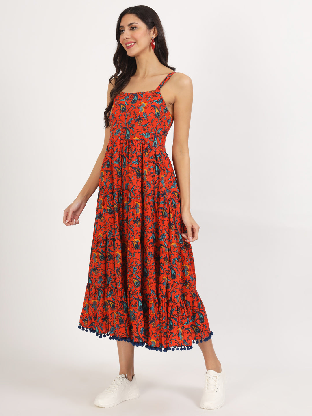 Women Red Floral Printed Cotton Dress | LASVINI - Redefining Indian Fashion with Elegance