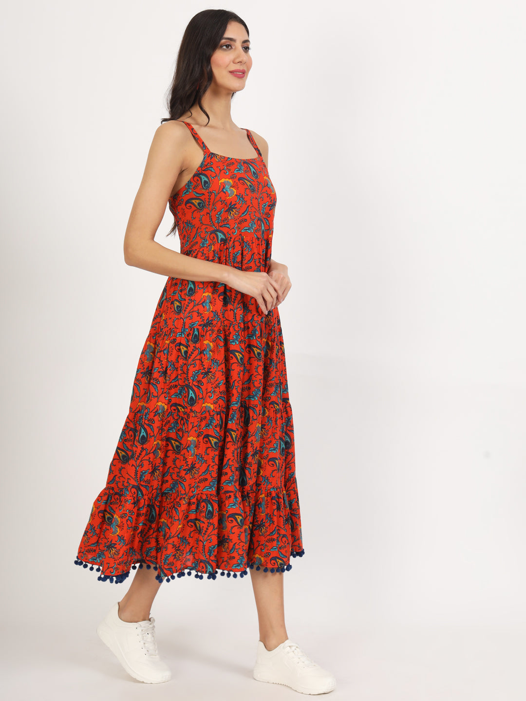 Women Red Floral Printed Cotton Dress | LASVINI - Redefining Indian Fashion with Elegance