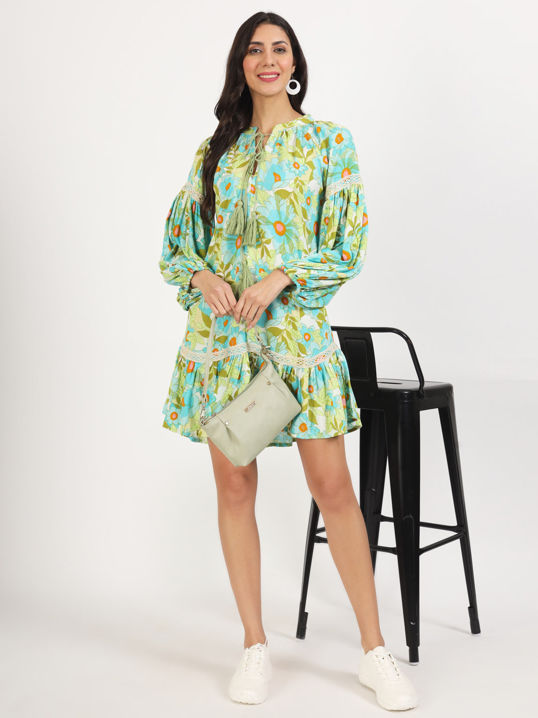 Women Green Floral Printed Rayon Dress | LASVINI - Redefining Indian Fashion with Elegance
