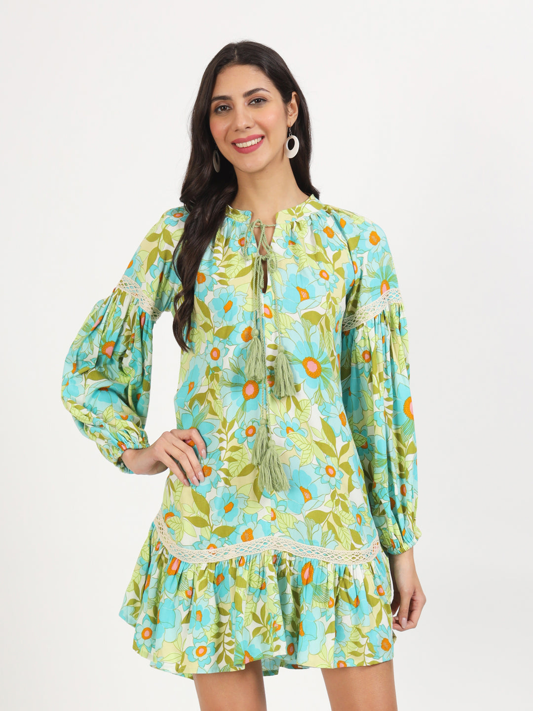 Women Green Floral Printed Rayon Dress | LASVINI - Redefining Indian Fashion with Elegance