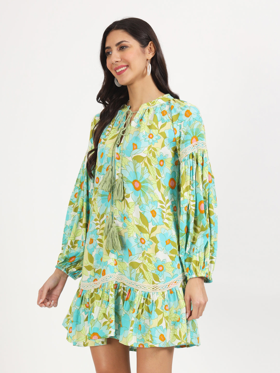 Women Green Floral Printed Rayon Dress | LASVINI - Redefining Indian Fashion with Elegance
