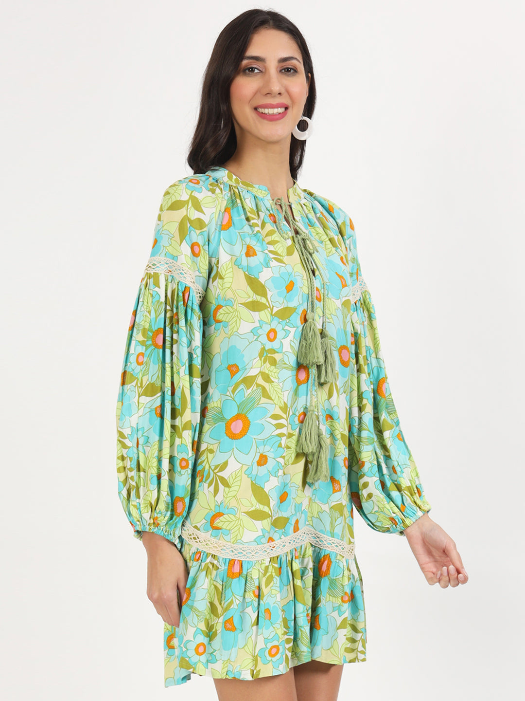 Women Green Floral Printed Rayon Dress | LASVINI - Redefining Indian Fashion with Elegance