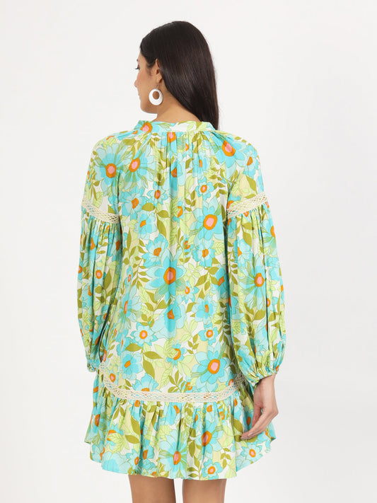 Women Green Floral Printed Rayon Dress | LASVINI - Redefining Indian Fashion with Elegance