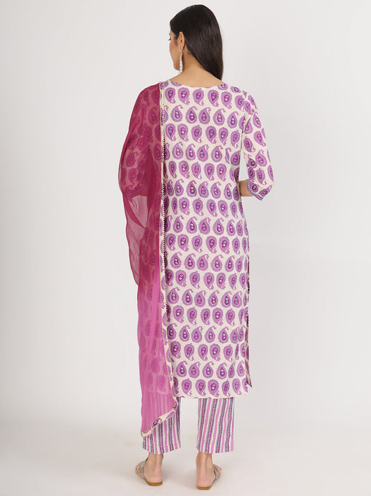 Purple Floral Print Cotton Kurta Pant With Dupatta Set For Women | LASVINI - Redefining Indian Fashion with Elegance