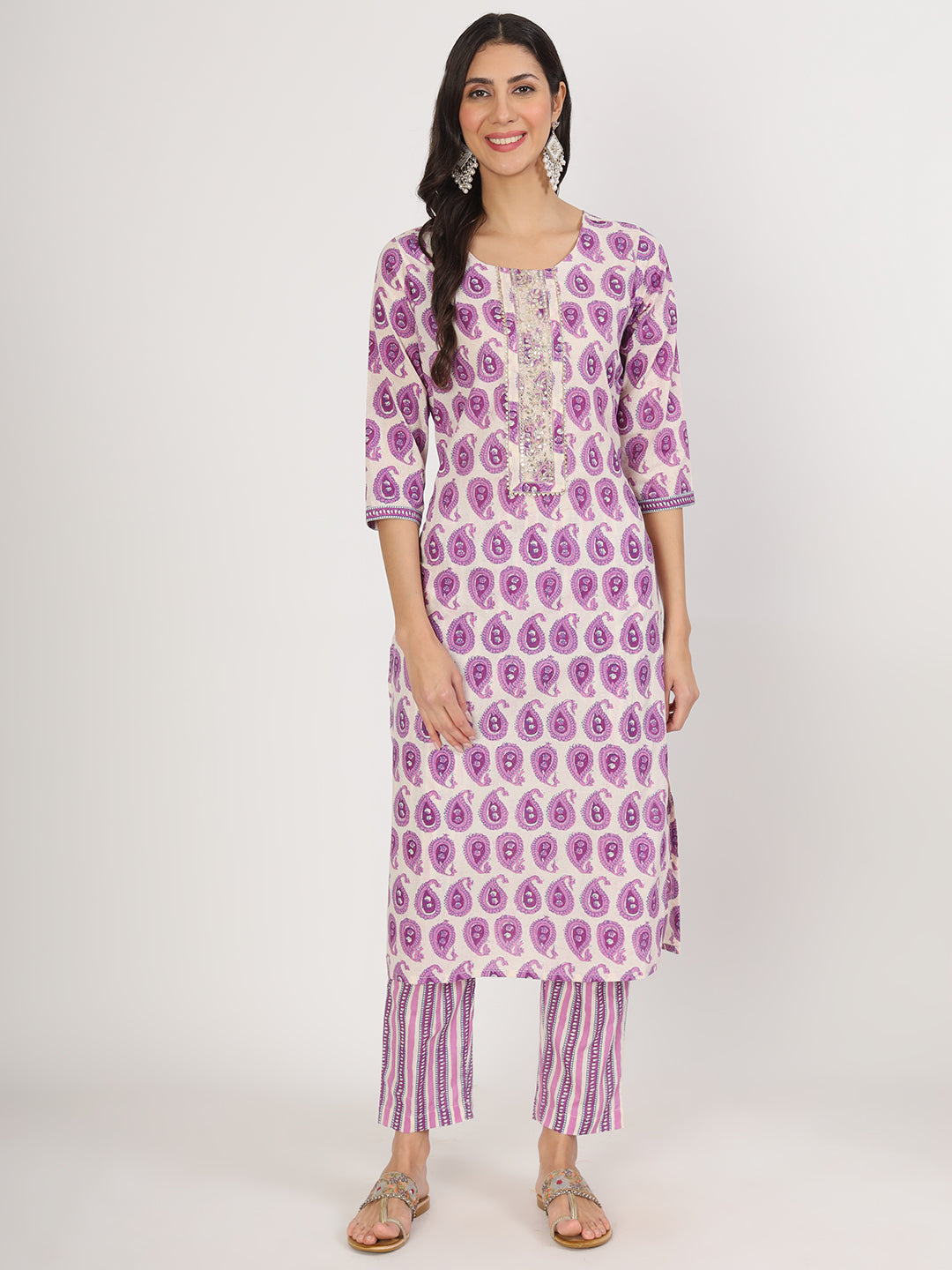 Purple Floral Print Cotton Kurta Pant With Dupatta Set For Women | LASVINI - Redefining Indian Fashion with Elegance