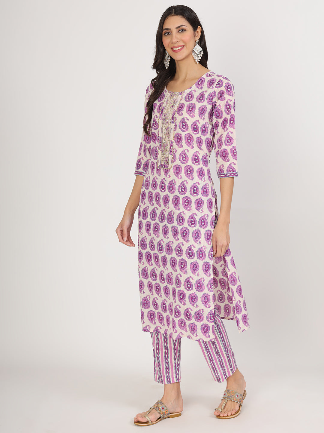 Purple Floral Print Cotton Kurta Pant With Dupatta Set For Women | LASVINI - Redefining Indian Fashion with Elegance
