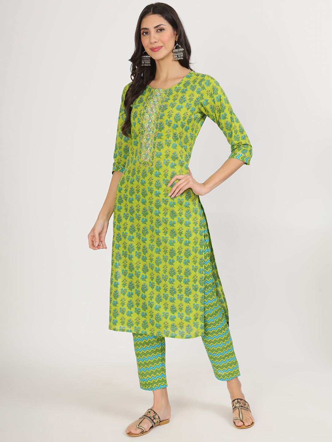 Green Floral Print Cotton Kurta Pants With Dupatta Set For Women | LASVINI - Redefining Indian Fashion with Elegance