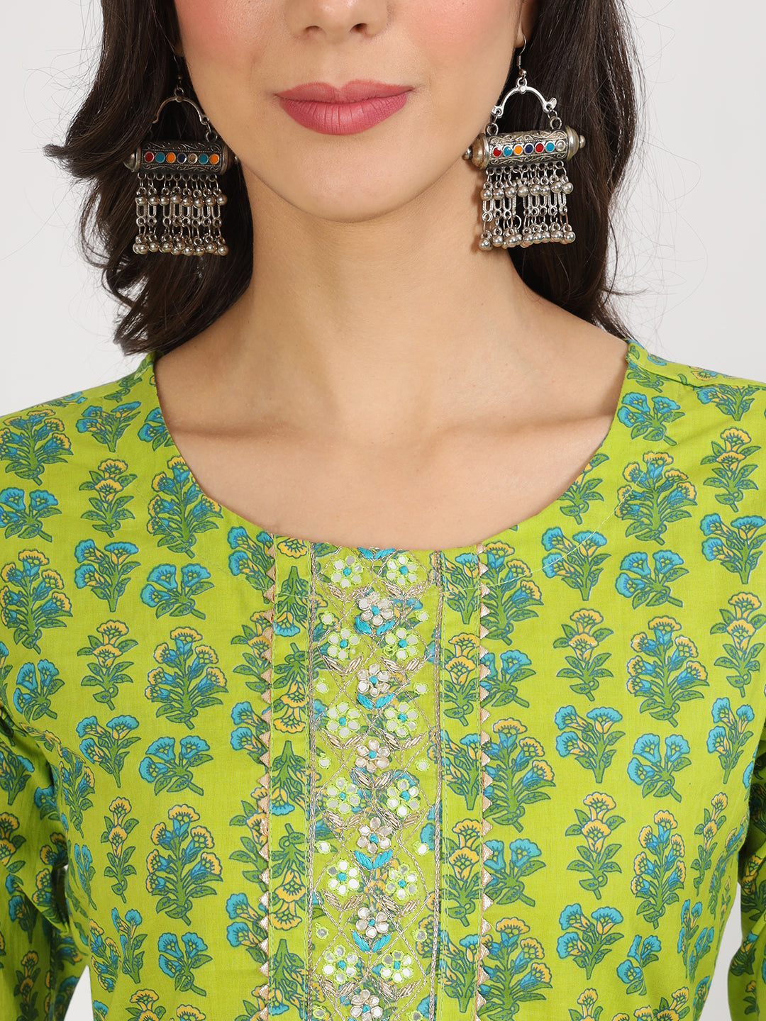 Green Floral Print Cotton Kurta Pants With Dupatta Set For Women | LASVINI - Redefining Indian Fashion with Elegance