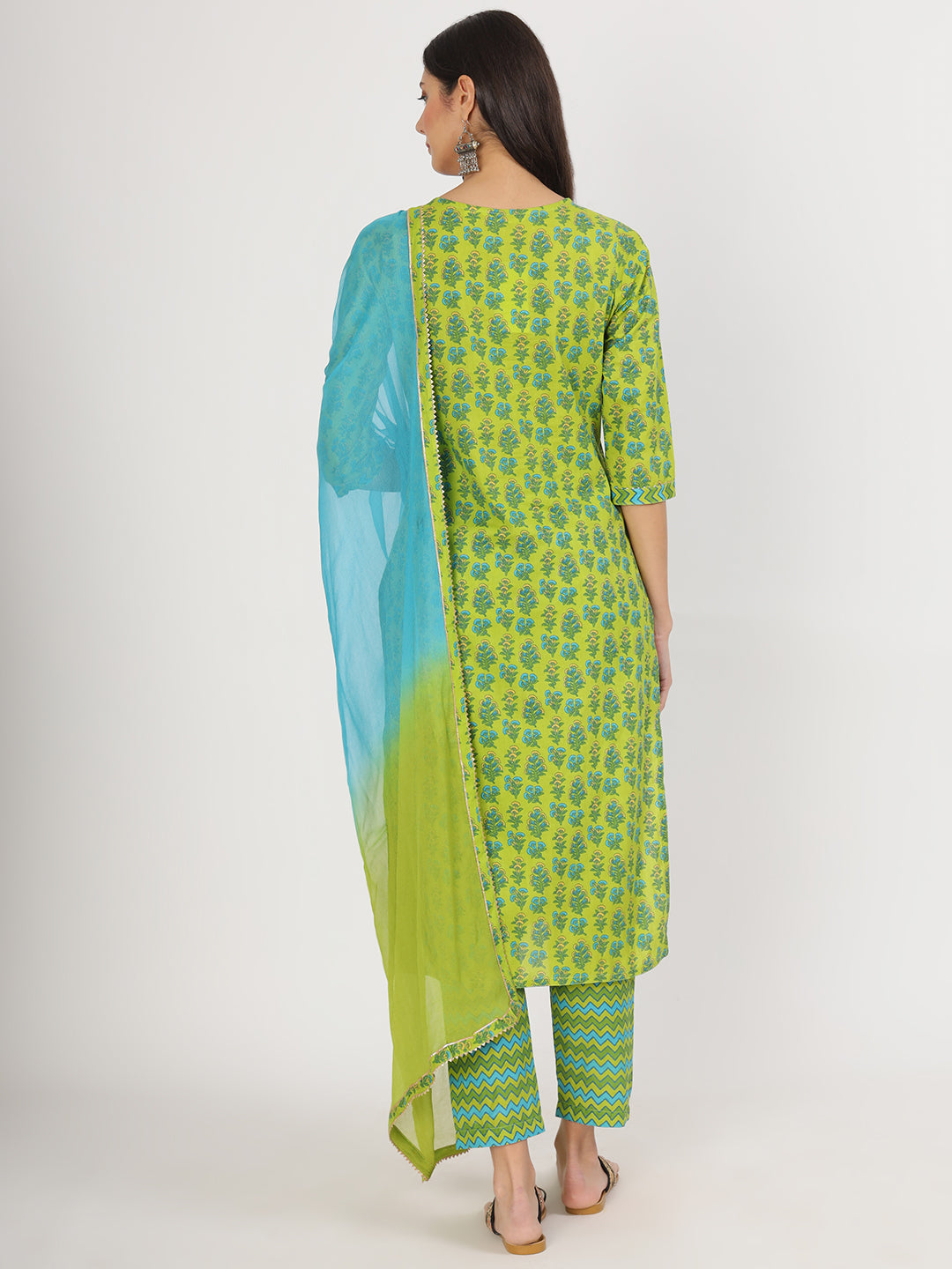 Green Floral Print Cotton Kurta Pants With Dupatta Set For Women | LASVINI - Redefining Indian Fashion with Elegance