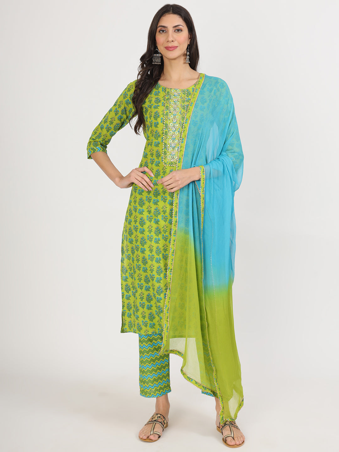 Green Floral Print Cotton Kurta Pants With Dupatta Set For Women | LASVINI - Redefining Indian Fashion with Elegance
