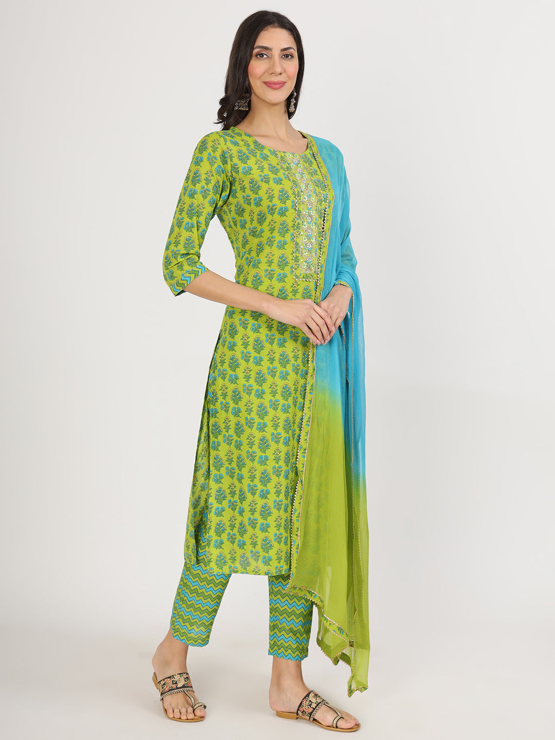Green Floral Print Cotton Kurta Pants With Dupatta Set For Women | LASVINI - Redefining Indian Fashion with Elegance