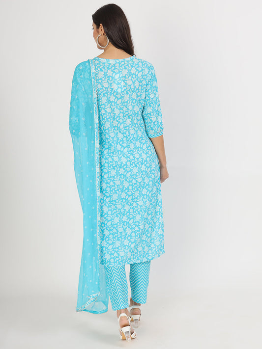 Turquoise Blue Floral Print Cotton Kurta Pants With Dupatta Set For Women | LASVINI - Redefining Indian Fashion with Elegance