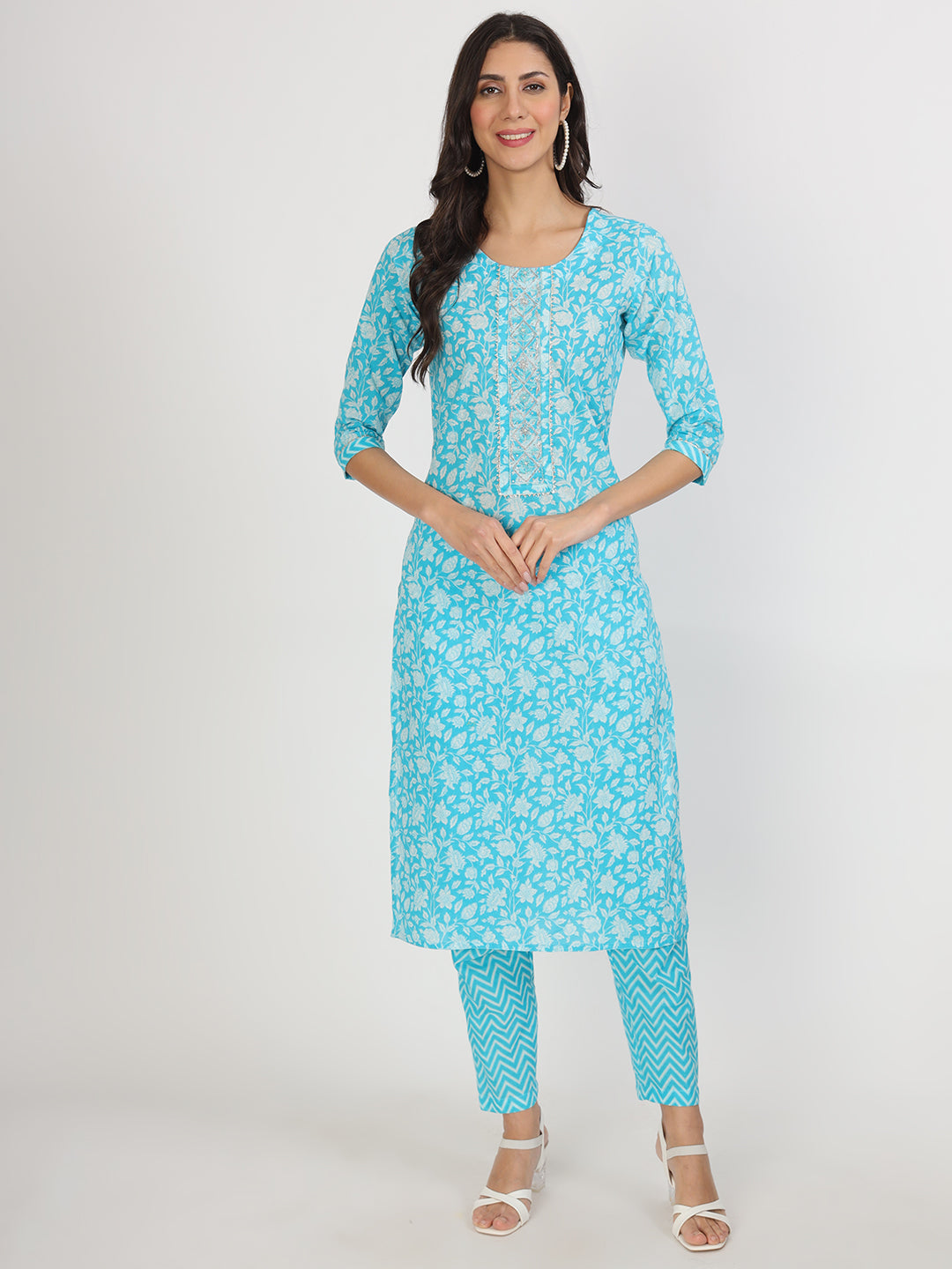 Turquoise Blue Floral Print Cotton Kurta Pants With Dupatta Set For Women | LASVINI - Redefining Indian Fashion with Elegance