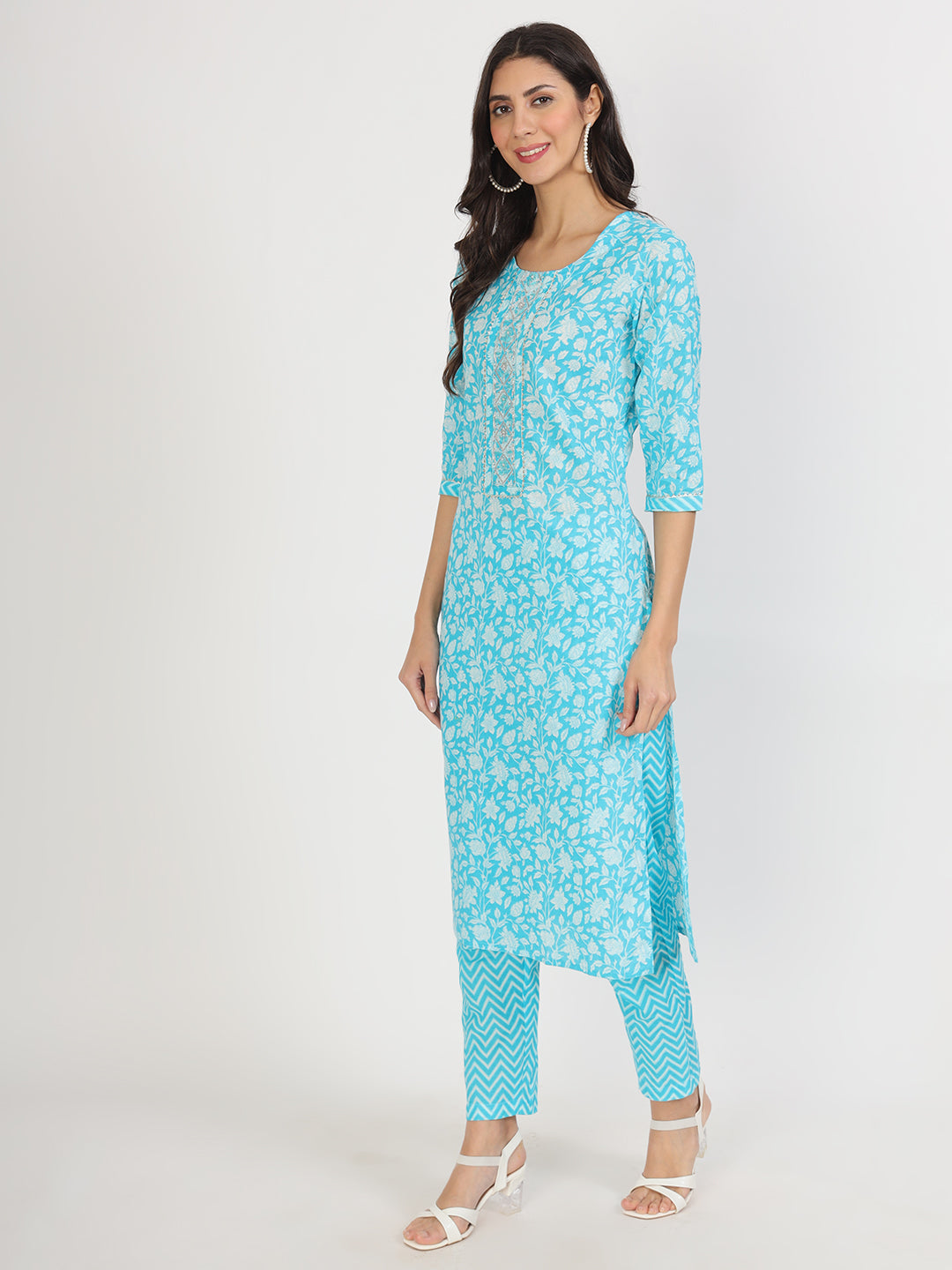 Turquoise Blue Floral Print Cotton Kurta Pants With Dupatta Set For Women | LASVINI - Redefining Indian Fashion with Elegance