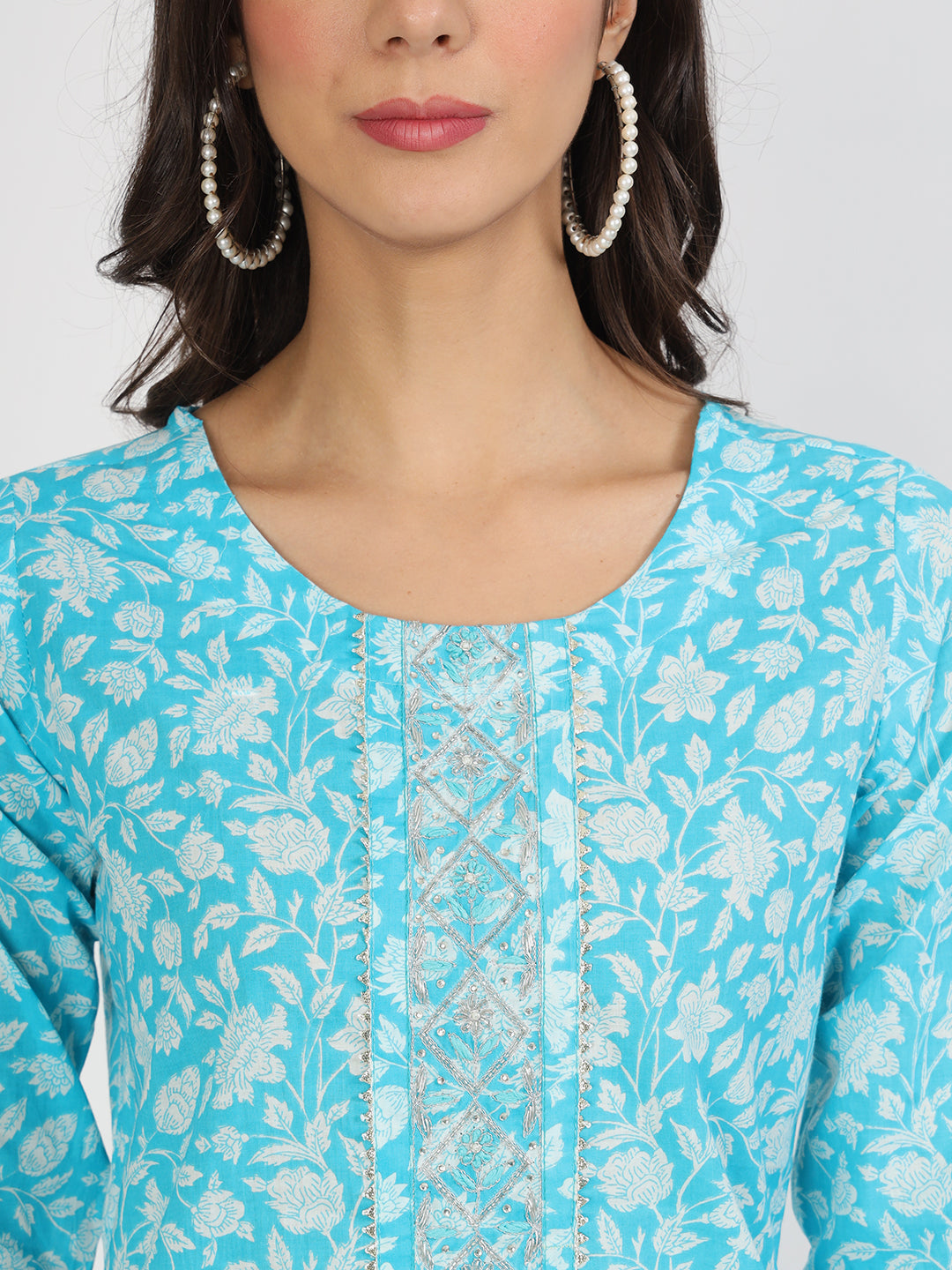 Turquoise Blue Floral Print Cotton Kurta Pants With Dupatta Set For Women | LASVINI - Redefining Indian Fashion with Elegance