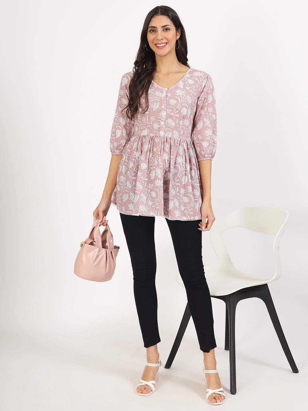 Women Pink Floral Printed Cotton Top | LASVINI - Redefining Indian Fashion with Elegance