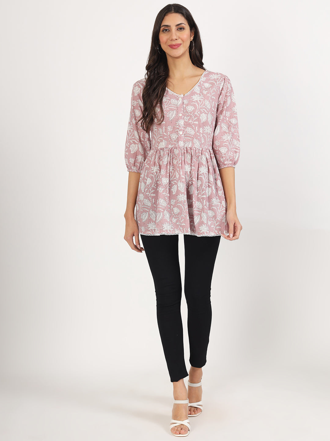 Women Pink Floral Printed Cotton Top | LASVINI - Redefining Indian Fashion with Elegance