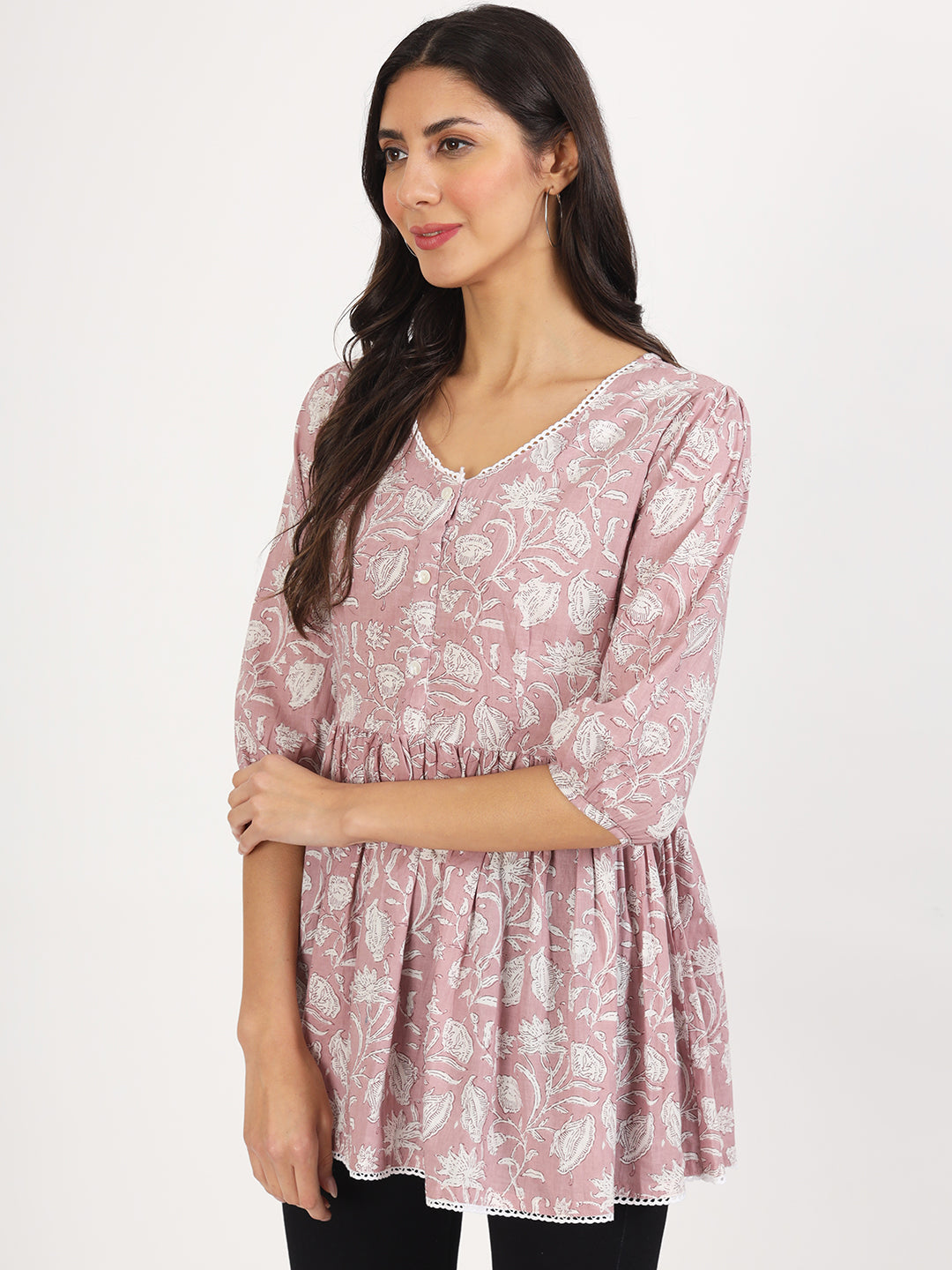 Women Pink Floral Printed Cotton Top | LASVINI - Redefining Indian Fashion with Elegance