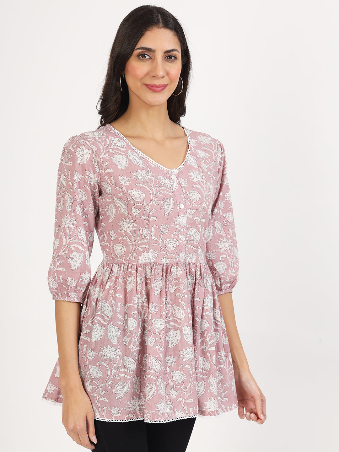 Women Pink Floral Printed Cotton Top | LASVINI - Redefining Indian Fashion with Elegance