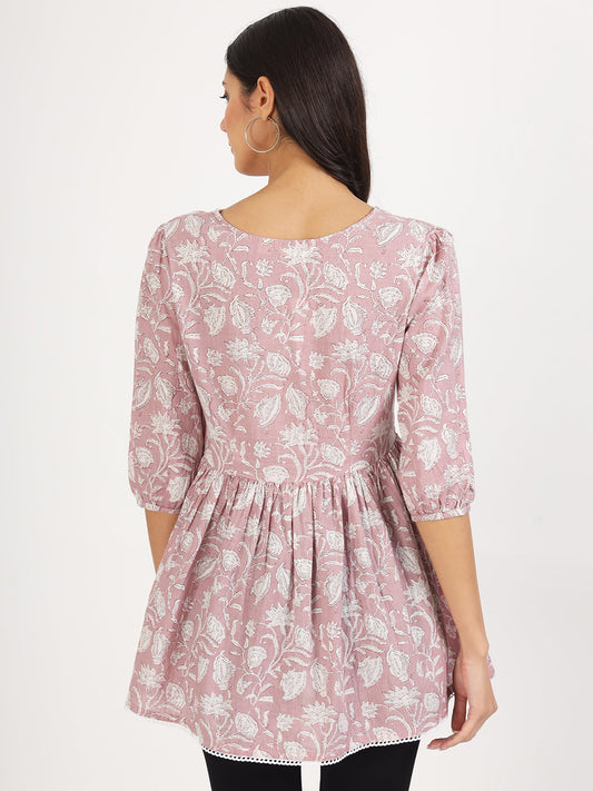 Women Pink Floral Printed Cotton Top | LASVINI - Redefining Indian Fashion with Elegance