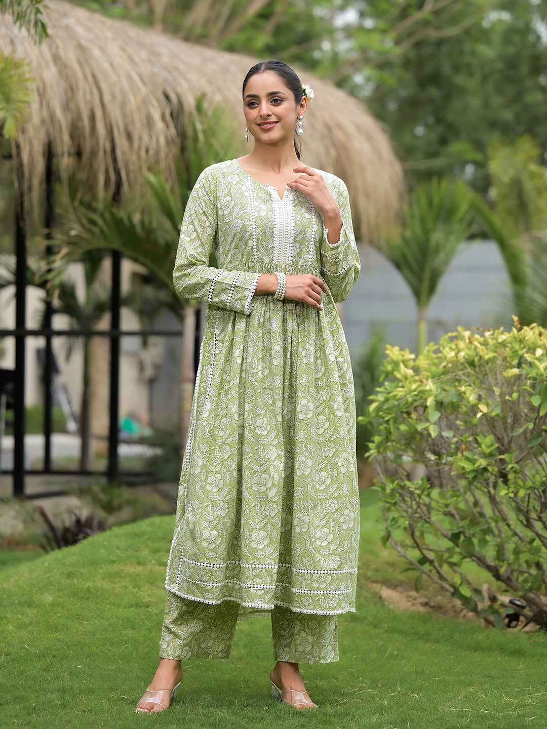 Green Floral Print Cotton Nyra Cut Kurta Pant Set | LASVINI - Redefining Indian Fashion with Elegance
