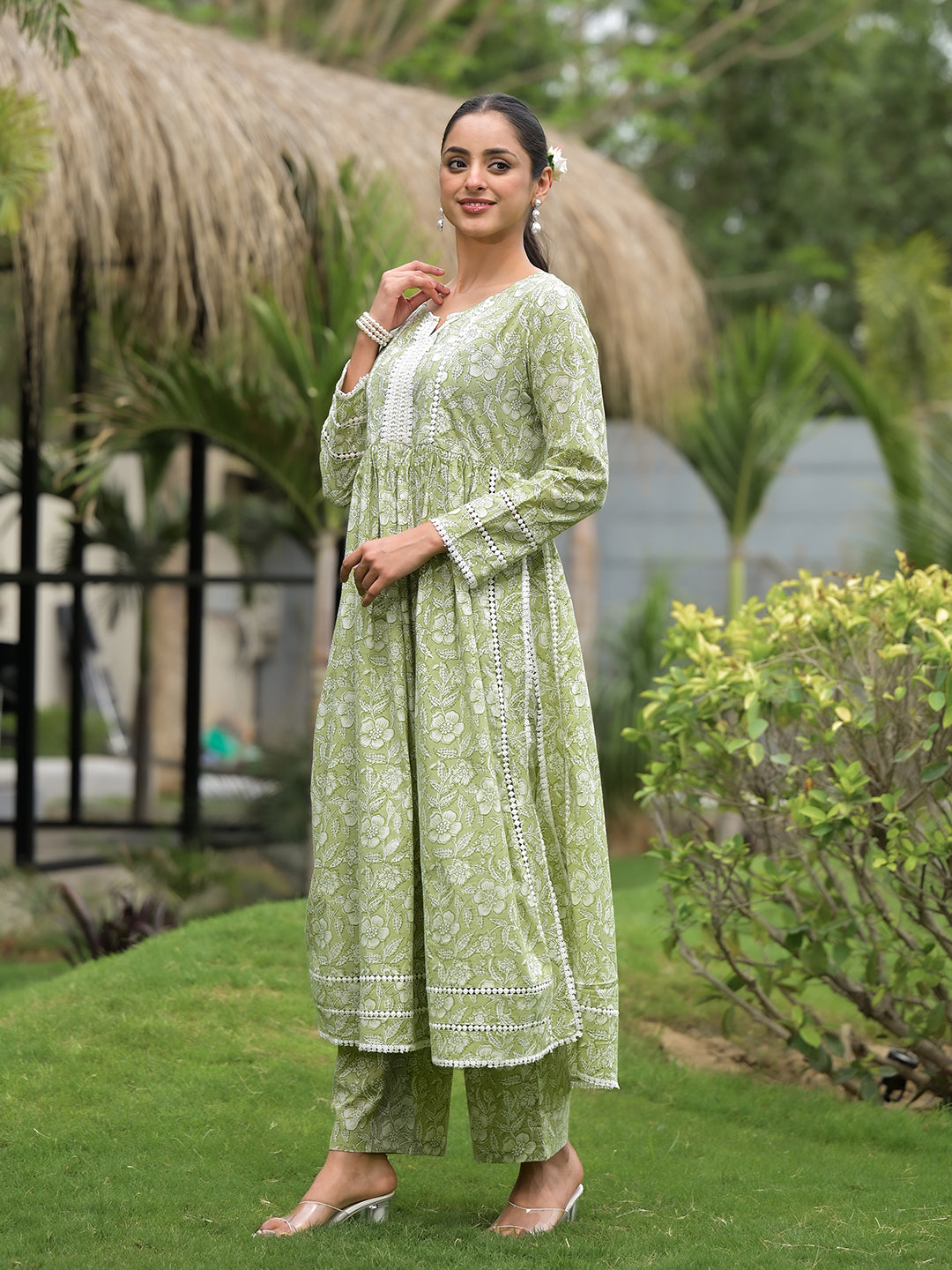 Green Floral Print Cotton Nyra Cut Kurta Pant Set | LASVINI - Redefining Indian Fashion with Elegance