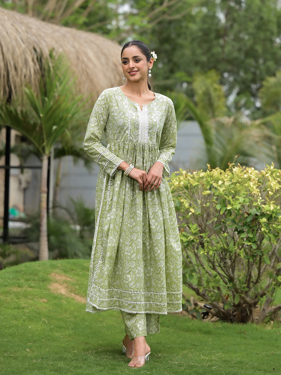 Green Floral Print Cotton Nyra Cut Kurta Pant Set | LASVINI - Redefining Indian Fashion with Elegance