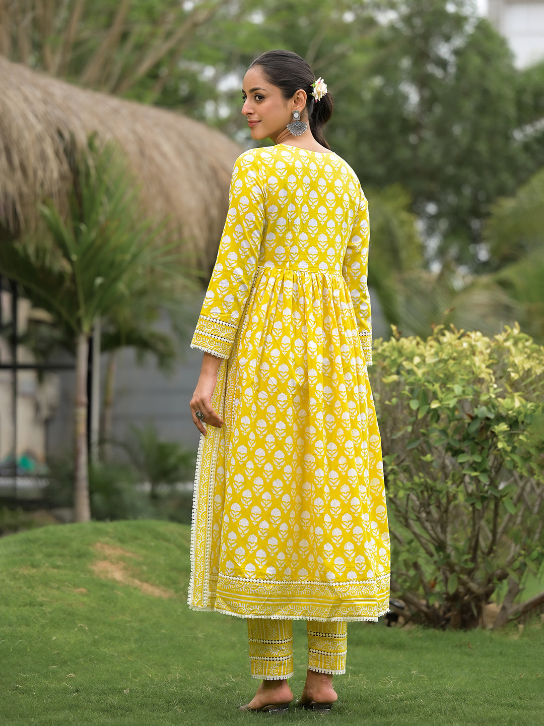 Yellow Floral Print Cotton Kurta Pants With Dupatta Set For Women | LASVINI - Redefining Indian Fashion with Elegance