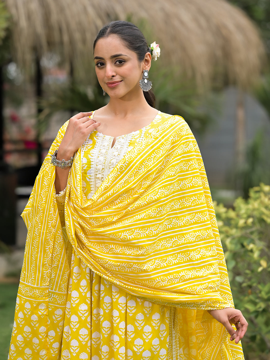 Yellow Floral Print Cotton Kurta Pants With Dupatta Set For Women | LASVINI - Redefining Indian Fashion with Elegance