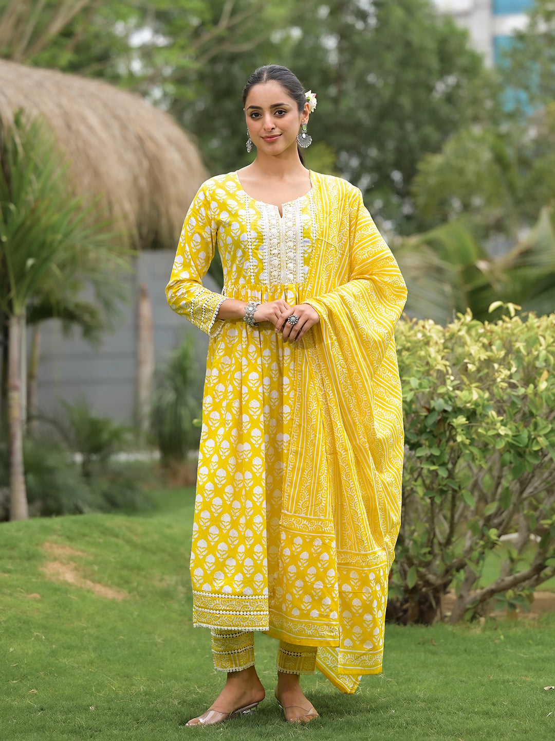 Yellow Floral Print Cotton Kurta Pants With Dupatta Set For Women | LASVINI - Redefining Indian Fashion with Elegance